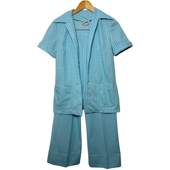 Vintage 70s Matching Two-Piece Pant Set Size Small Blue Gingham Checker Retro - Picture 9 of 9